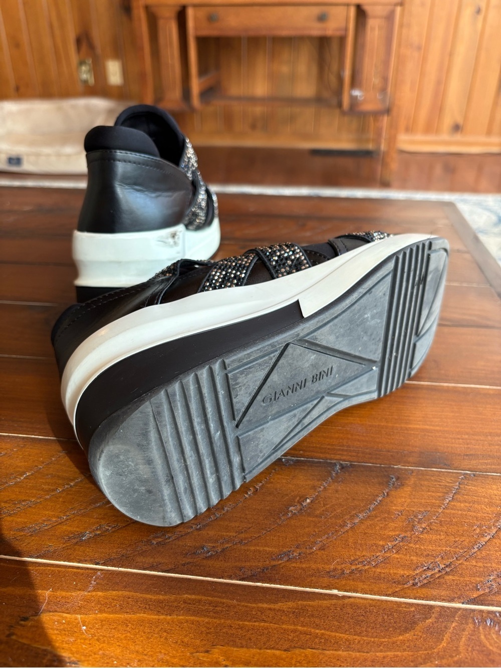 Black 3” Platform Slip-On Sneakers with Embellished Straps, Sz 6-6.5, bling - Picture 6 of 8